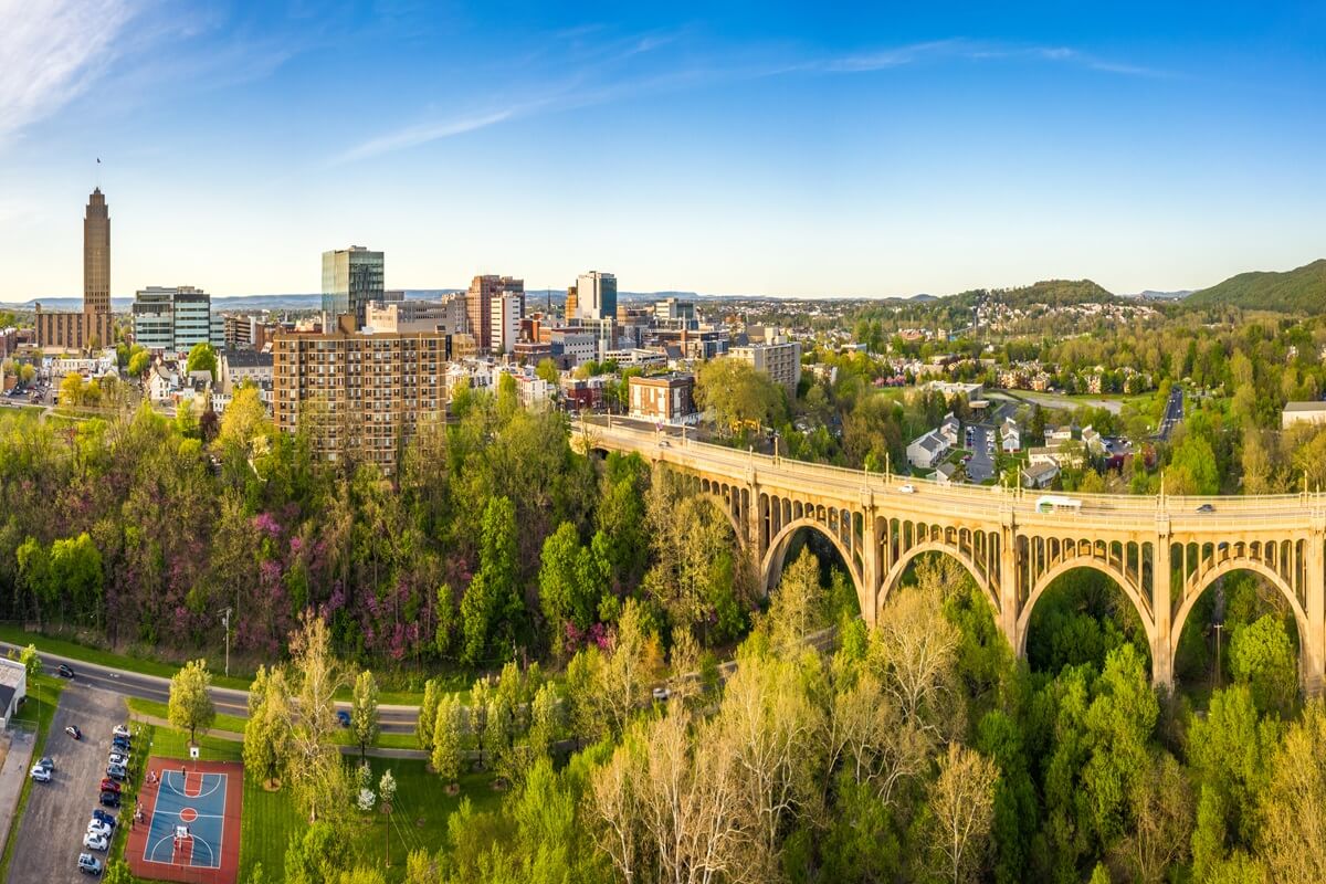skyline and Albertus L. Meyers bridge Swarthmore Pennsylvania