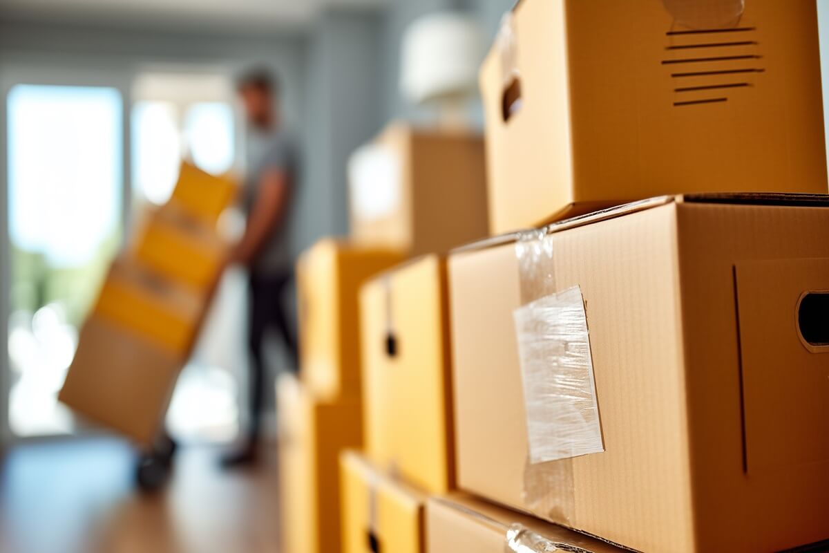 stacked cardboard moving boxes in focus with professional mover carrying boxes