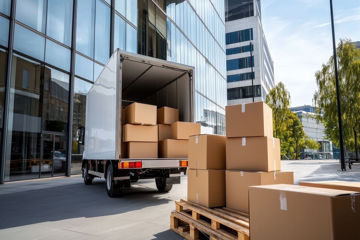 truck delivery and moving box delivery truck unloading boxes outside a modern building