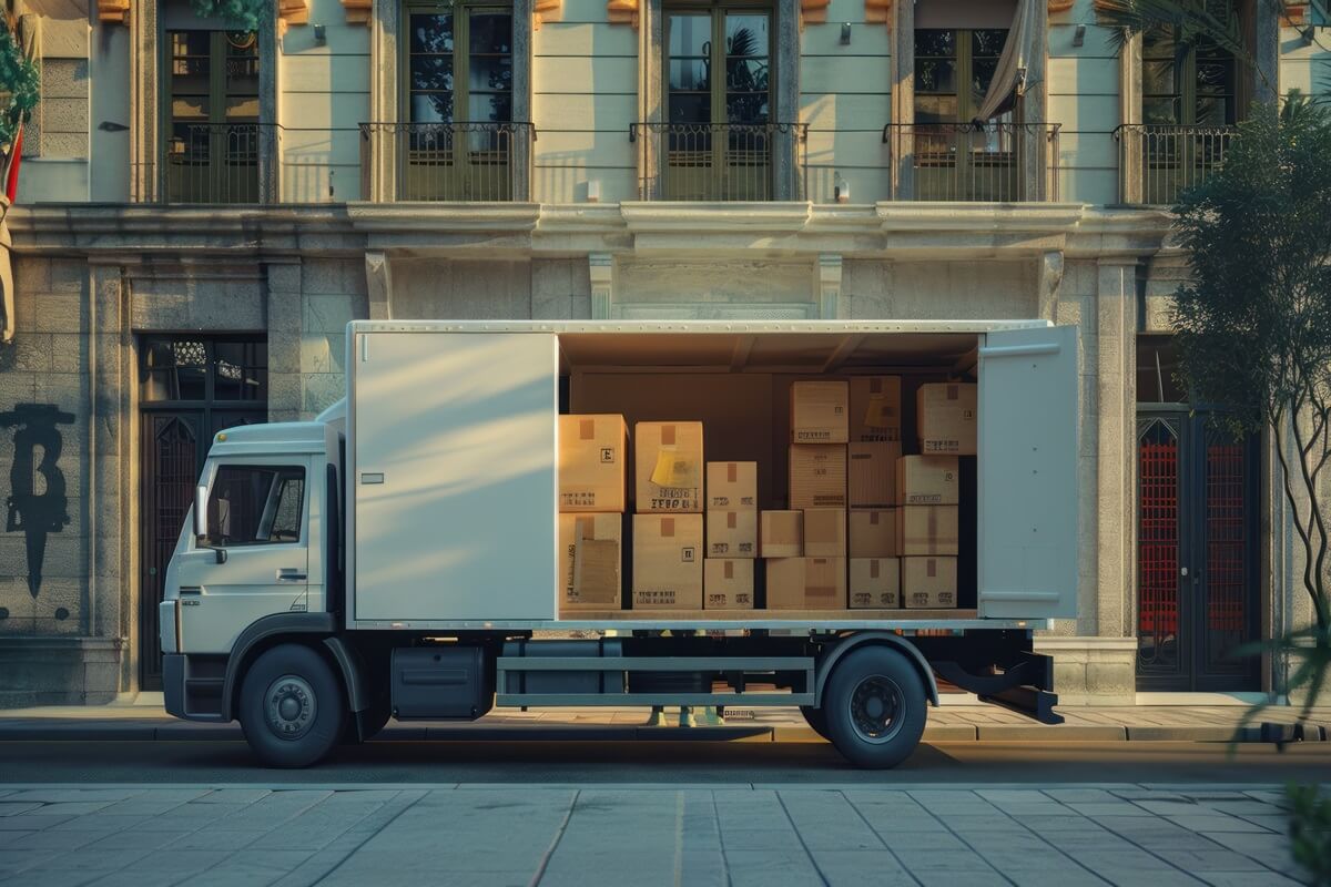 truck with open doors on the street with boxes loaded inside