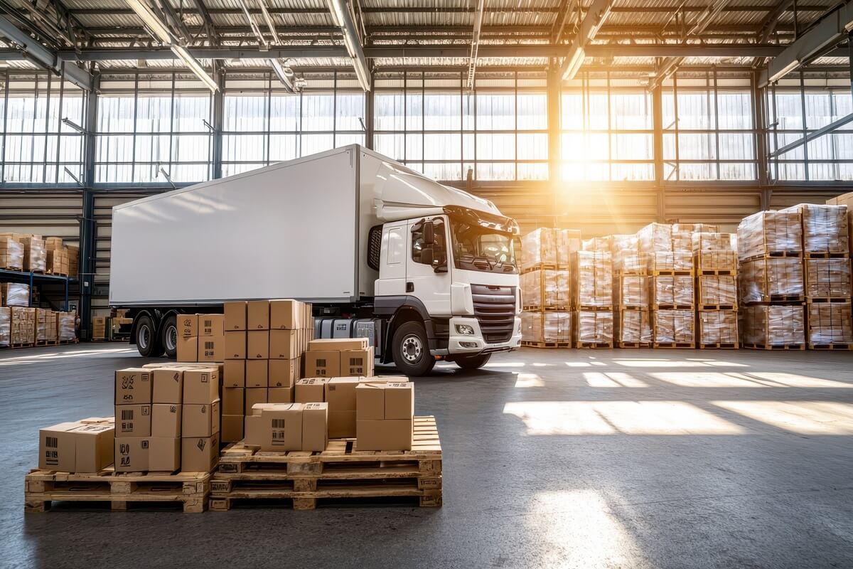 warehouse scene with a delivery truck and stacked boxes in sunlight