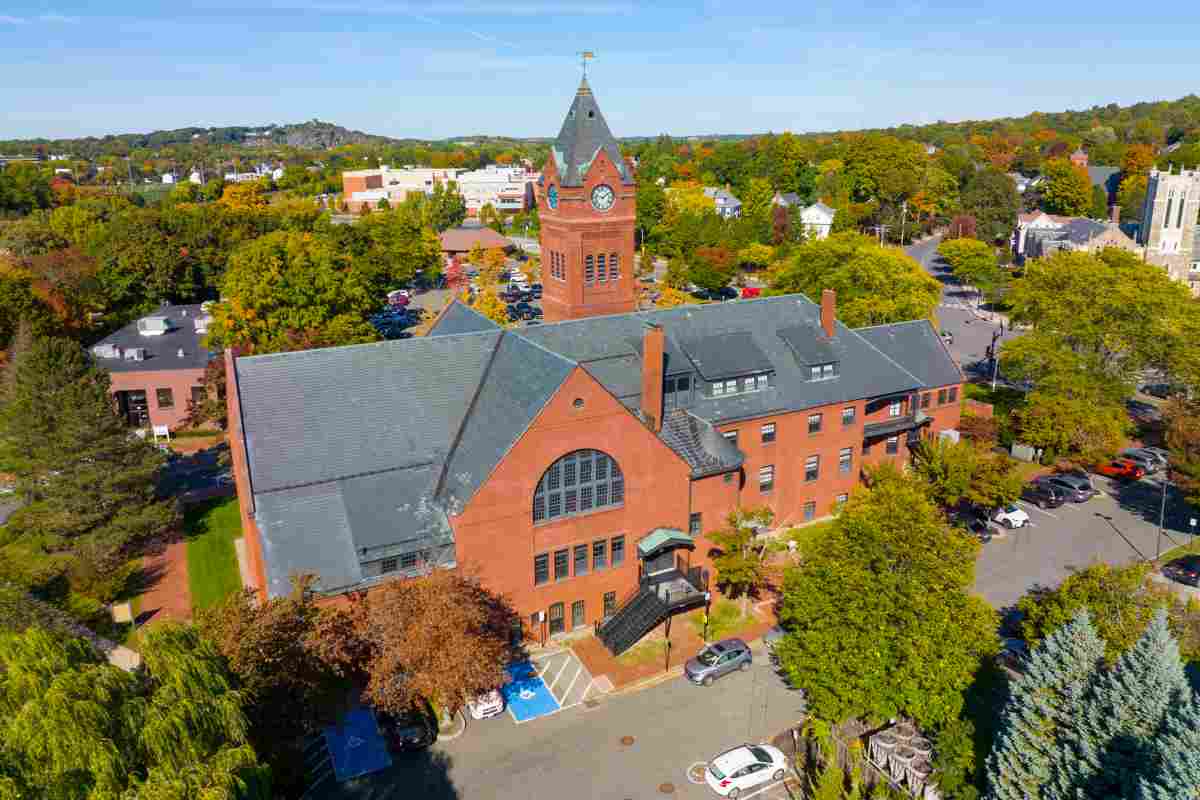 Winchester Town Hall Aerial View in Fall at Winchester Center Historic District